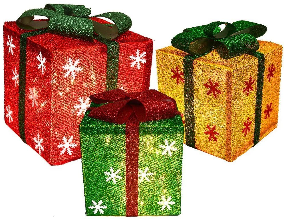 Set of 3 Sparkling Sisal Gift Boxes With Bows Lighted Christmas Home Garden Yard Art Decorations