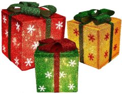 Set of 3 Sparkling Sisal Gift Boxes With Bows Lighted Christmas Home Garden Yard Art Decorations