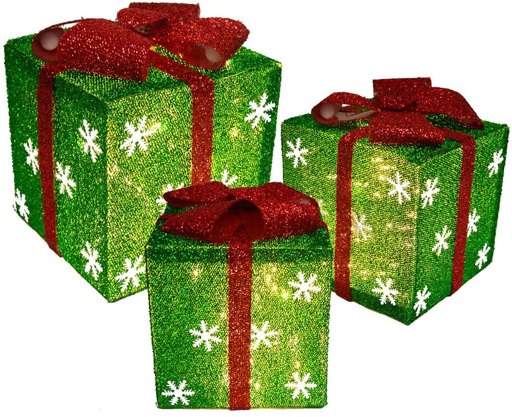 Set of 3 Sparkling Sisal Gift Boxes With Bows Lighted Christmas Home Garden Yard Art Decorations