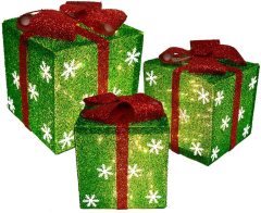 Set of 3 Sparkling Sisal Gift Boxes With Bows Lighted Christmas Home Garden Yard Art Decorations