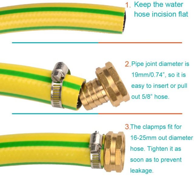 3Sets Brass Garden Hose Mender End Repair Male Female Connector with Stainless Clamp