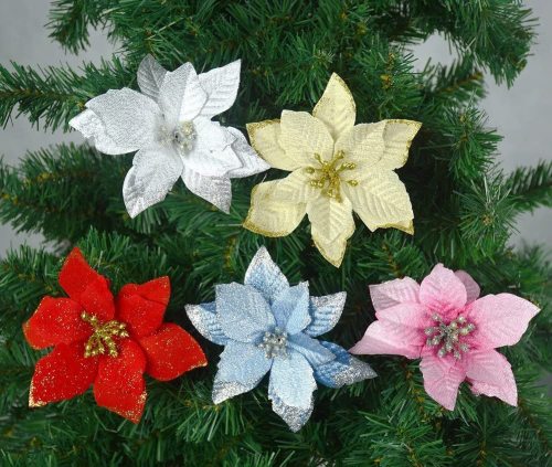 12Pcs 5 Inch Glitter Artificial Poinsettia Flowers with Ties for Wedding Christmas Festival Holiday Decor Xmas Wreath Garland Ornament