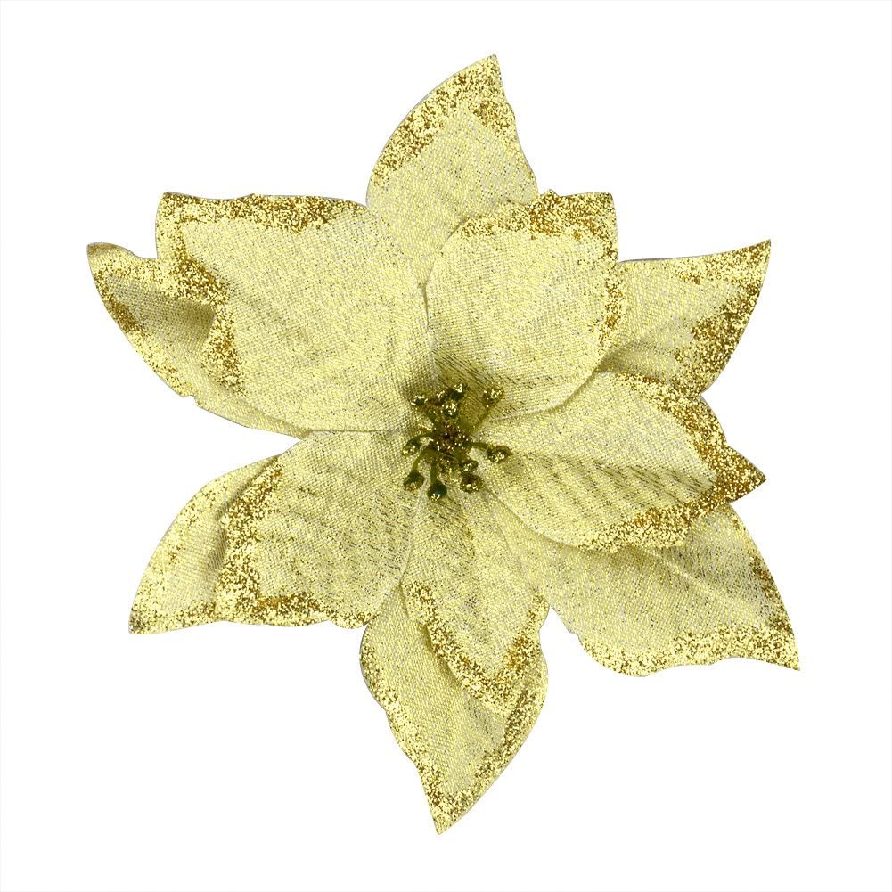 12Pcs 5 Inch Glitter Artificial Poinsettia Flowers with Ties for Wedding Christmas Festival Holiday Decor Xmas Wreath Garland Ornament