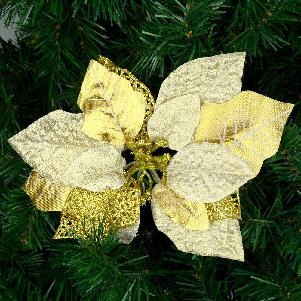 6pcs Luxury 8 Inch/20cm Glitter Artificial Christmas Flowers XMAS Tree Wreaths Decor Ornament