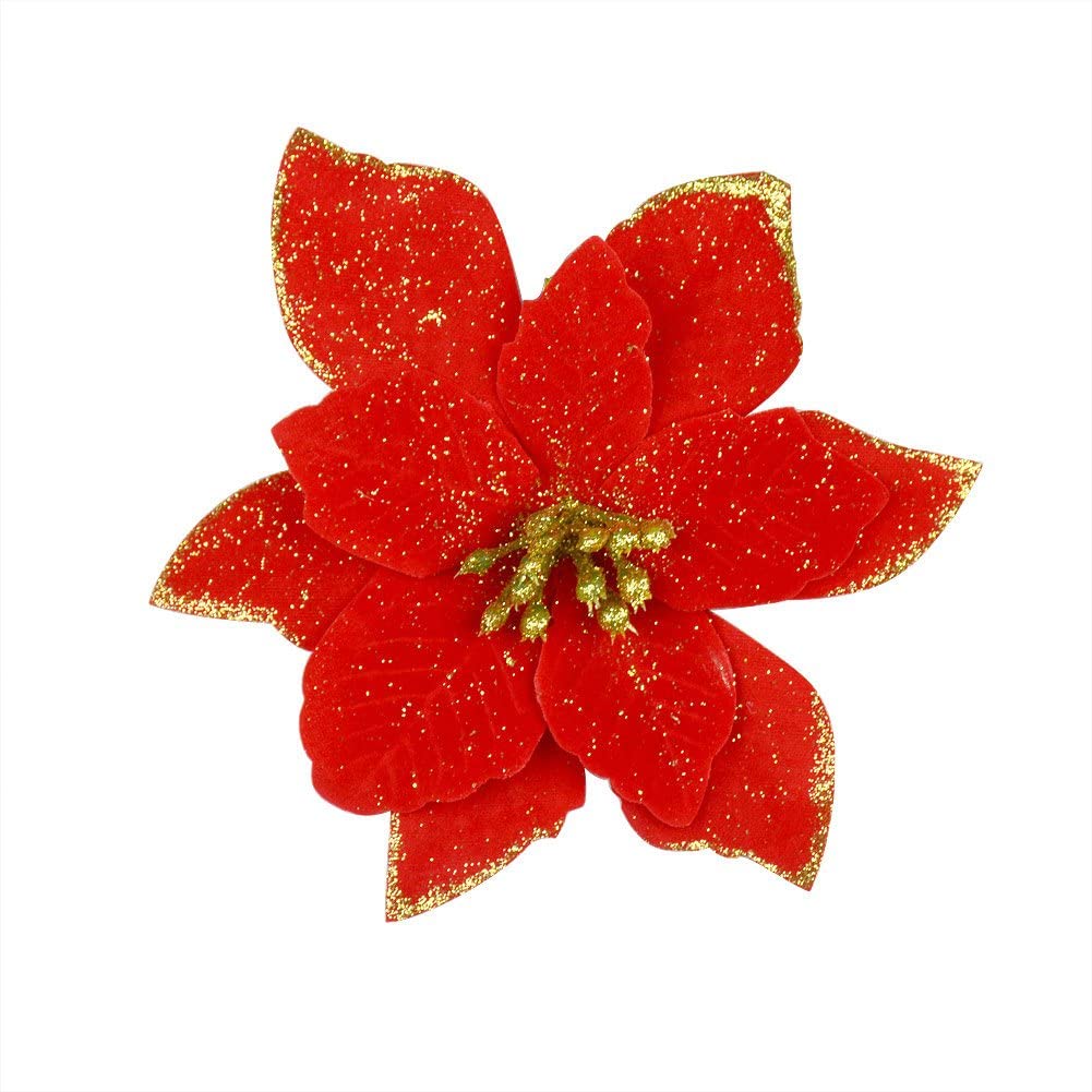 12Pcs 5 Inch Glitter Artificial Poinsettia Flowers with Ties for Wedding Christmas Festival Holiday Decor Xmas Wreath Garland Ornament
