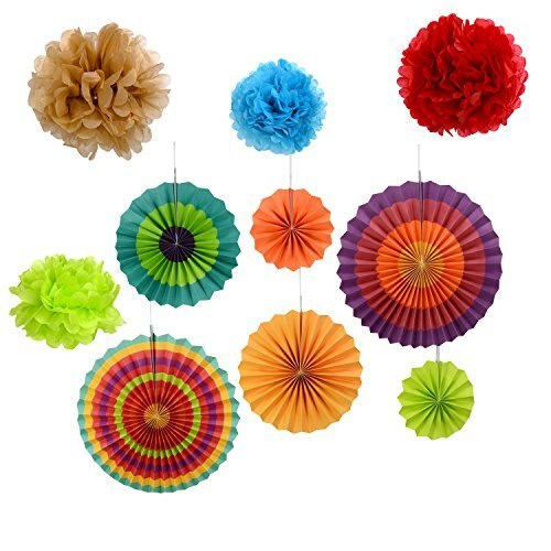 Set of 10 Colorful Paper Fans Rosettes Hanging Ornament Birthday Party Wedding Decorative