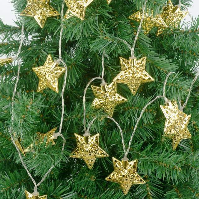2M/6.5Ft 20 Star Shaped Golden Metal Hollow Xmas Wedding Battery Operated String Fairy Light