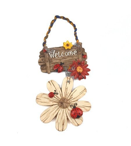 Fashion Design 4 Colors Beautiful Flowers and Ladybirds Resin Hand Painted Welcome Sign for Door Hanging Home Garden Decor