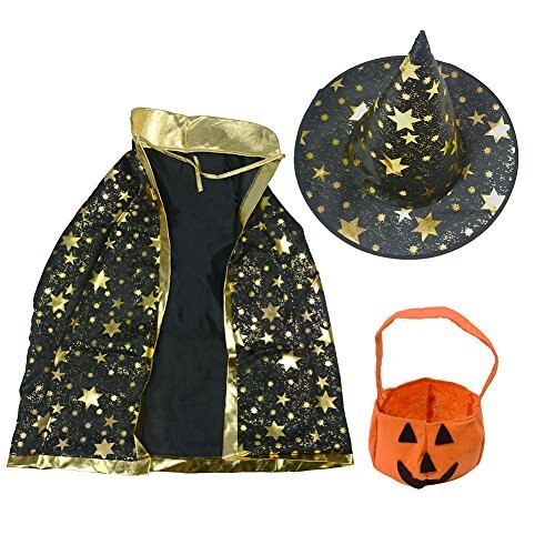 Halloween Costumes Wizard Stars Fancy Cloak + Witch Hat + Stereo Pumpkin Bag for Children Boy Girl