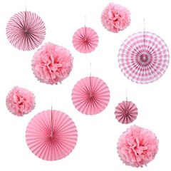 Set of 10 Pink Paper Fans Rosettes Hanging Ornament Birthday Party Wedding Decorative