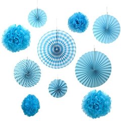 Set of 10 Blue Paper Fans Rosettes Hanging Ornament Birthday Party Wedding Decorative
