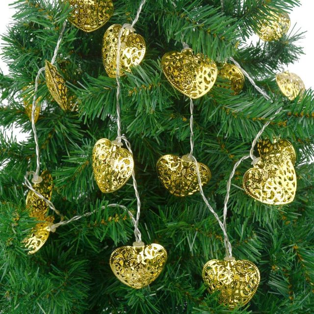 2M/6.5Ft 20 Heart Shaped Golden Metal Hollow Xmas Wedding Battery Operated String Fairy Light