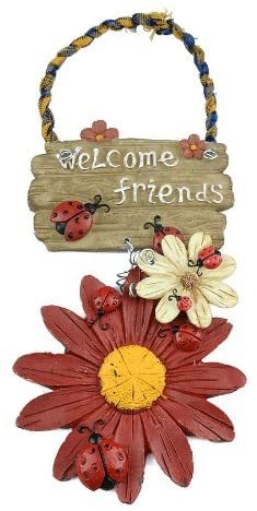 Fashion Design 4 Colors Beautiful Flowers and Ladybirds Resin Hand Painted Welcome Sign for Door Hanging Home Garden Decor