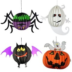 4Pcs 3D Spherical Ghost Bats Spider Pumpkins Hanging Pendant Halloween Easter Lanterns