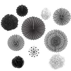Gardeningwill Set of 10 Black White Paper Fans Rosettes Hanging Ornament Birthday Party Wedding Decorative