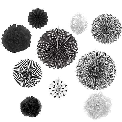 Gardeningwill Set of 10 Black White Paper Fans Rosettes Hanging Ornament Birthday Party Wedding Decorative