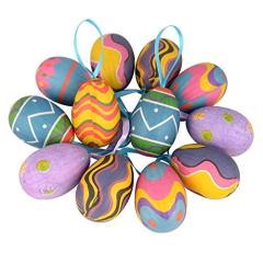 12pcs Colorful Paper Mache Egg Hanging Ornaments with Ribbon Loops Easter Christmas Decoration
