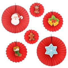 Gardeningwill Set of 6 Red Christmas Paper Fans Rosettes Hanging Ornament Birthday Party Wedding Decorative