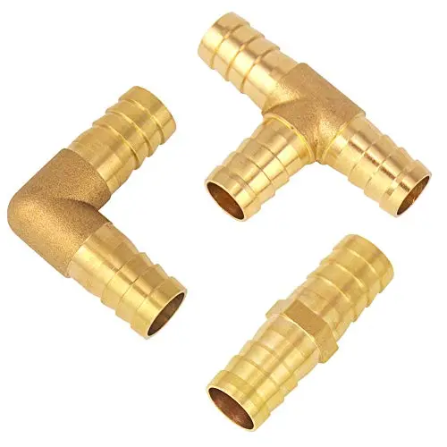 Pack of 9 Brass Barb 5/8 Inch 90 Degree Elbow, Straight Coupling, Tee Coupling Fitting Mender Garden Hose Air Water Fuel Oil