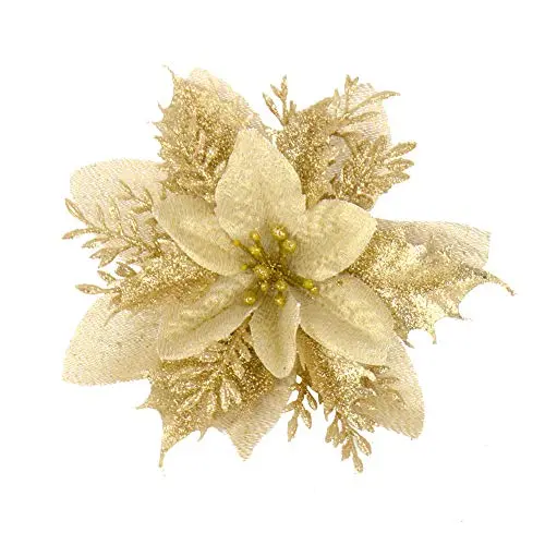 Pack of 12 5 Inch Gold Glitter Flower Shape Christmas Hanging Ornaments Party Decorating Supplies