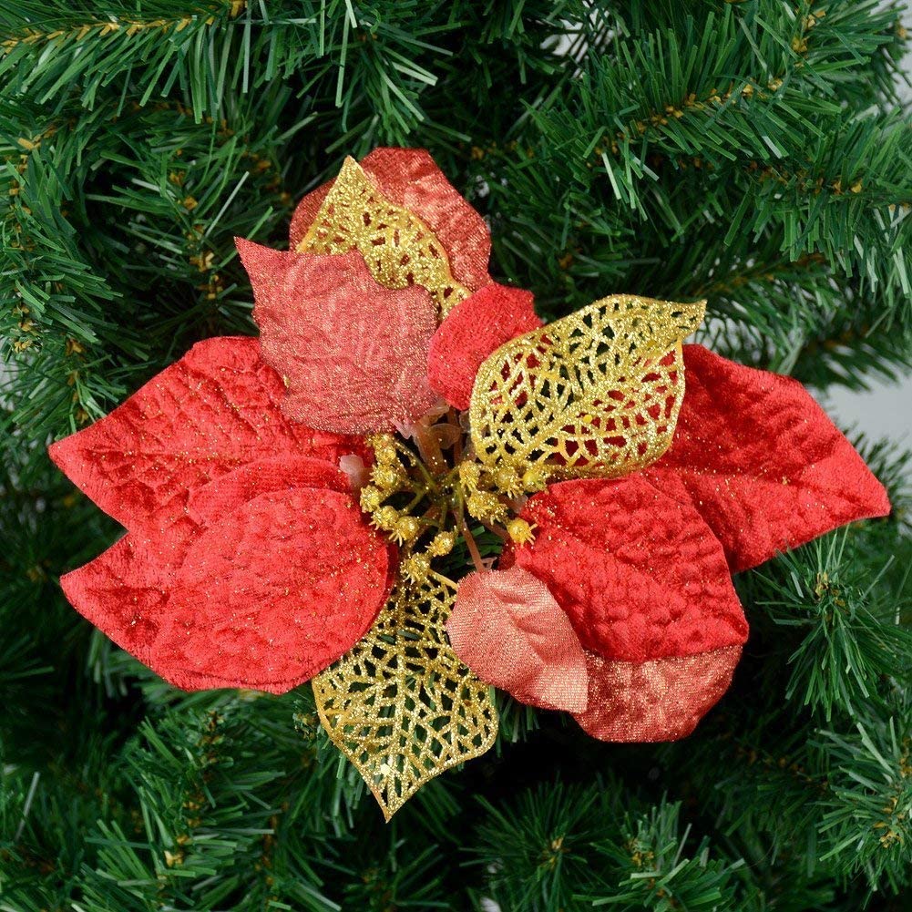Gardening Will Pack of 12 8 Inch Glitter Artificial Christmas Flowers Xmas Tree Wreaths Decor Ornament