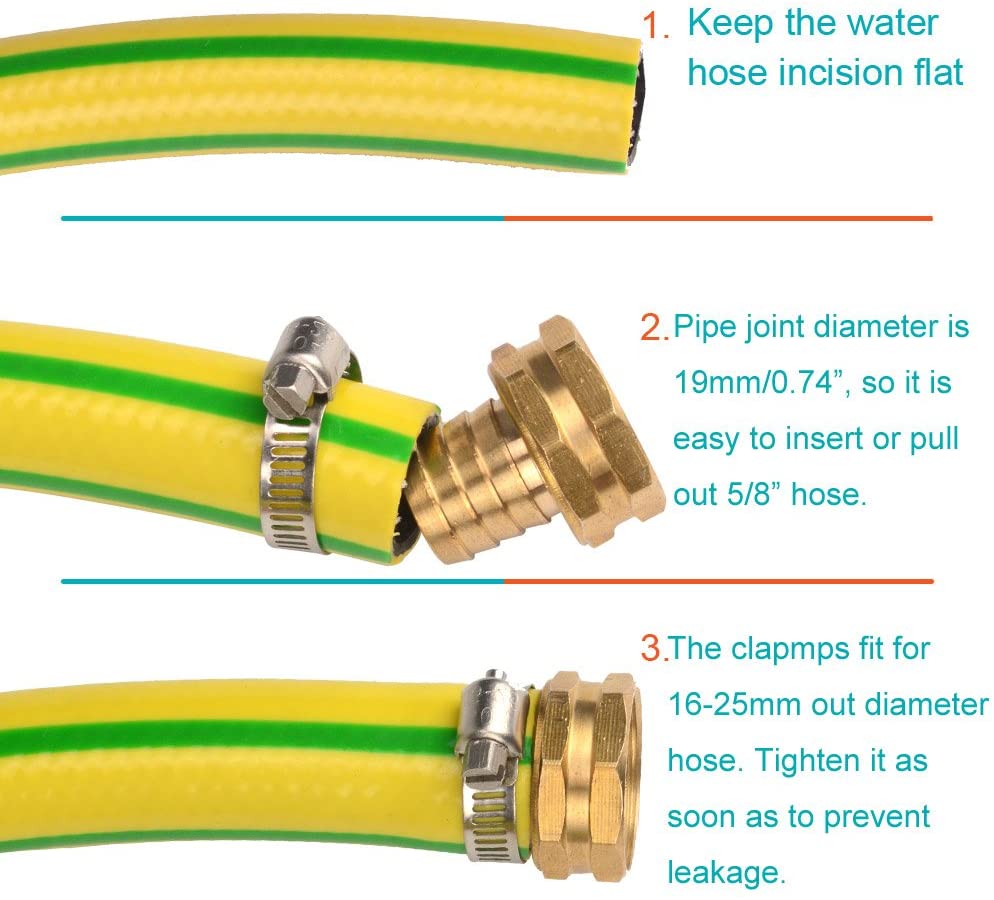 3Sets 3/4" Brass Garden Hose Mender End Repair Male Female Connector with Stainless Clamp