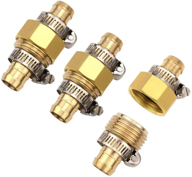 3Sets 5/8" Brass Garden Hose Mender End Repair Male Female Connector with Stainless Clamp