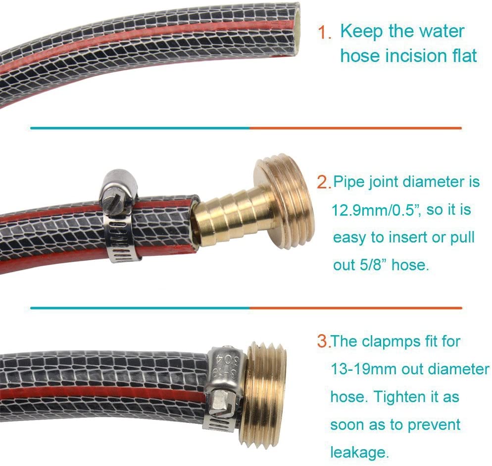 3Sets 3/4" Brass Garden Hose Mender End Repair Male Female Connector with Stainless Clamp
