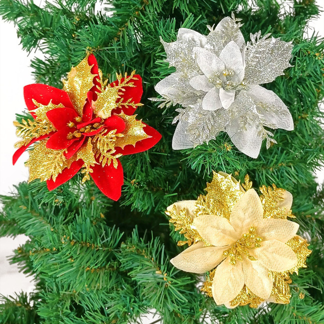 Pack of 12 5 Inch Gold Glitter Flower Shape Christmas Hanging Ornaments Party Decorating Supplies