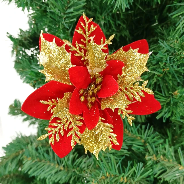 Pack of 12 5 Inch Gold Glitter Flower Shape Christmas Hanging Ornaments Party Decorating Supplies
