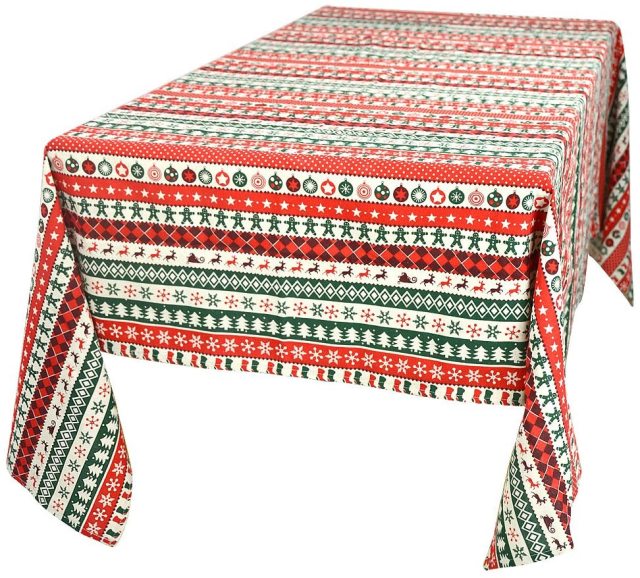 Linen 55"(140cm) Rectangle Red Green White Stripe Christmas Tablecloth Oblong Home Decorative