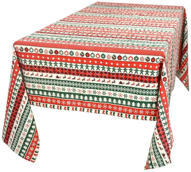 Linen 55&quot;(140cm) Rectangle Red Green White Stripe Christmas Tablecloth Oblong Home Decorative