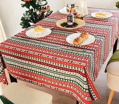 Linen 55"(140cm) Rectangle Red Green White Stripe Christmas Tablecloth Oblong Home Decorative