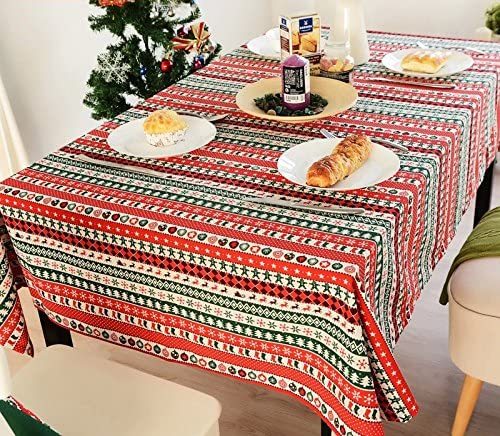Linen 55"(140cm) Rectangle Red Green White Stripe Christmas Tablecloth Oblong Home Decorative