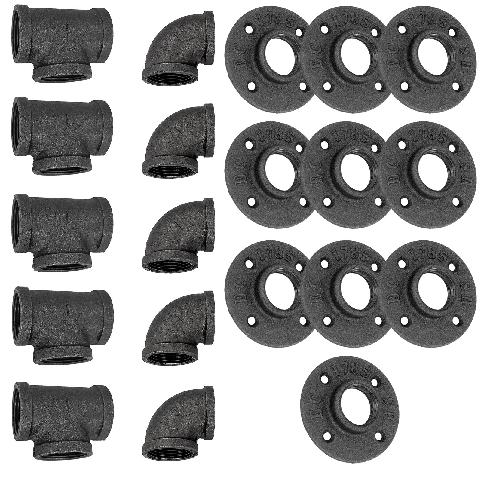 Pack of 20 Floor Flange/Elbow/Tee Malleable Cast Iron Pipe Fitting Wall Mount Industrial Steampunk Vintage Retro Style for DIY Project Furniture Shelf Bracket Decoration