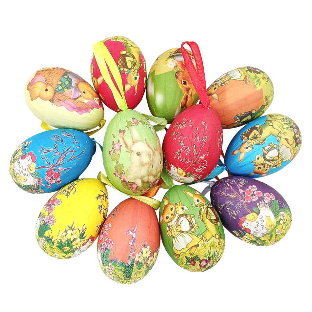 12pcs New Vintage Style Paper Mache Egg Hanging Ornaments Easter Decoration