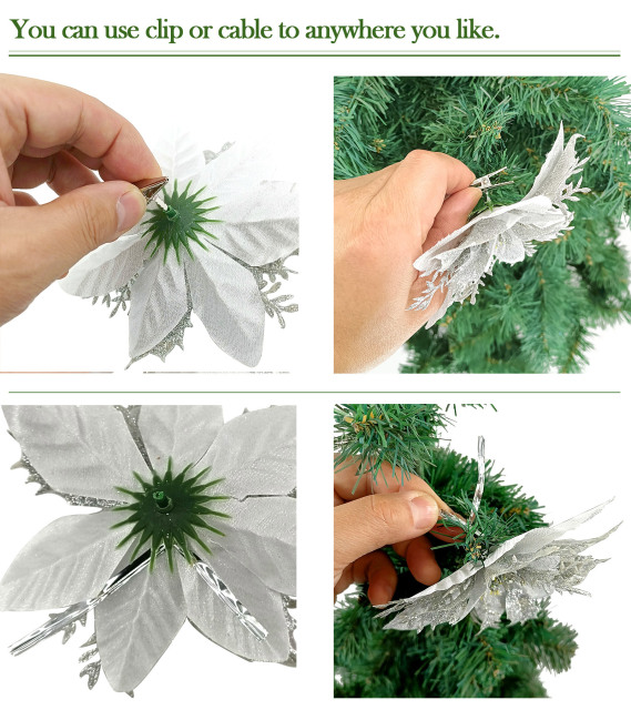 Pack of 12 5 Inch Silver Glitter Flower Shape Christmas Hanging Ornaments Party Decorating Supplies
