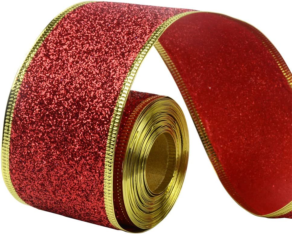 33Ft/10Meters Glitter Silver Golden Blue Red Purple Pink Christmas Ribbon Wreath Present Weeding Arts Crafts Gift Wrapping