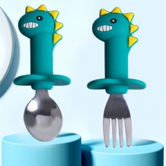 2021 New Style Silicone Baby Dinosaur Feeding Spoon Set