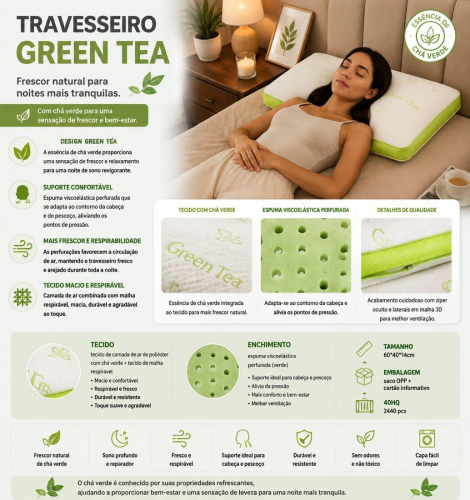 Travesseiro de espuma viscoelástica com design de chá verde