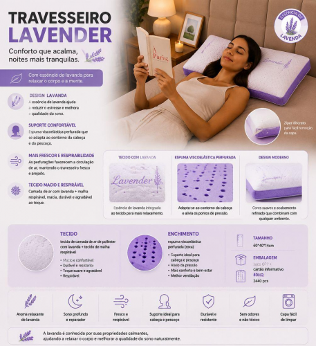 Travesseiro de espuma viscoelástica com design de lavanda
