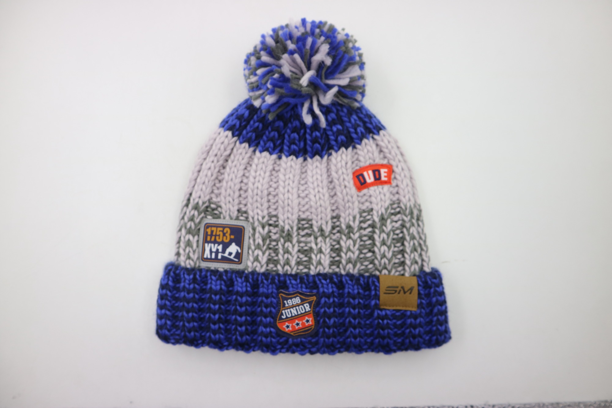 Brillent Ribbed Knit Pom Pom Winter Beanies Embroidery Hat with Patches All Over the Hat | Sewingman