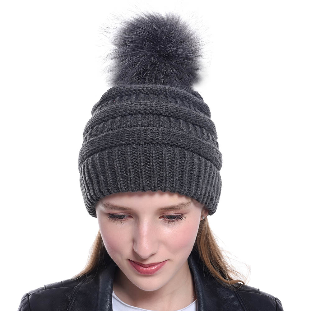 New Fashion Manufacture Autumn and Winter Women's Knitted Hat with Faux Fur Pom Pom Hat | Sewingman