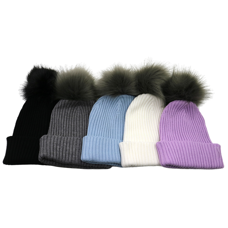 Warm Soft Winter Custom Ribbed Knitted Beanie with Faux Fur Pom Pom for Women | Sewingman