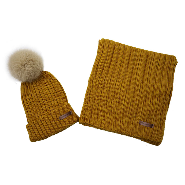 Classic Winter Knitted Ribbed Hats with Faux Fur Pom Pom and Scarf Set In Cold Winter | Sewingman