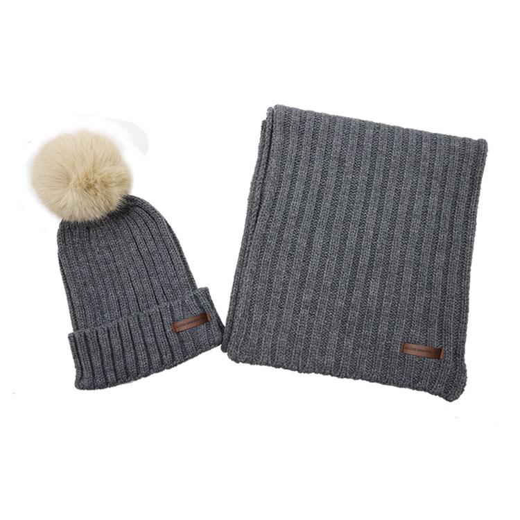 Classic Winter Knitted Ribbed Hats with Faux Fur Pom Pom and Scarf Set In Cold Winter | Sewingman