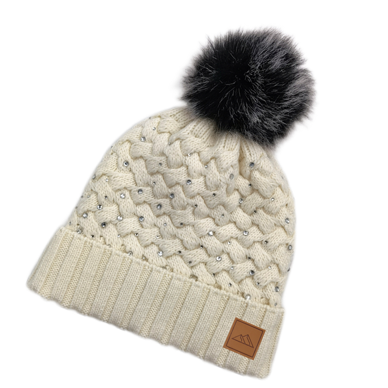 Rhinestones Mixed Wool Knit Pom Beanie