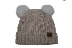 Women's Knitted Beanie With Two Fake Fur Pompom