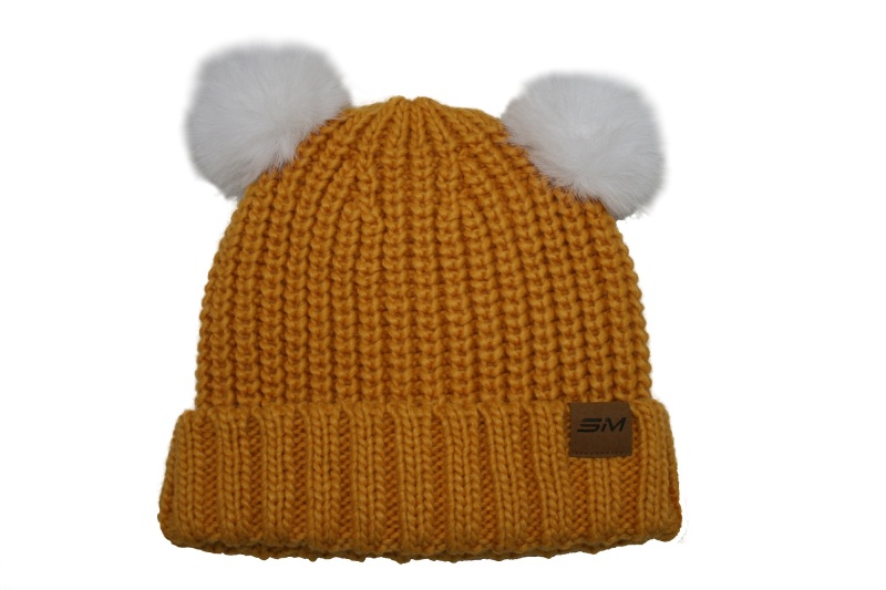 Women's Knitted Beanie With Two Fake Fur Pompom