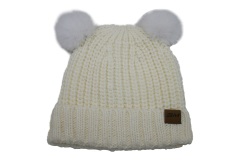 Women's Knitted Beanie With Two Fake Fur Pompom